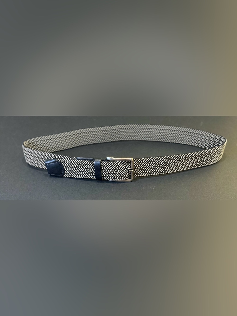 Tommy Bahama Two-Tone Black/Tan Stretch Braided Web Belt Leather Trim S/M